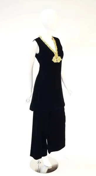 1960s Black Velvet Tunic and Pants Set with Gold Neck Trim