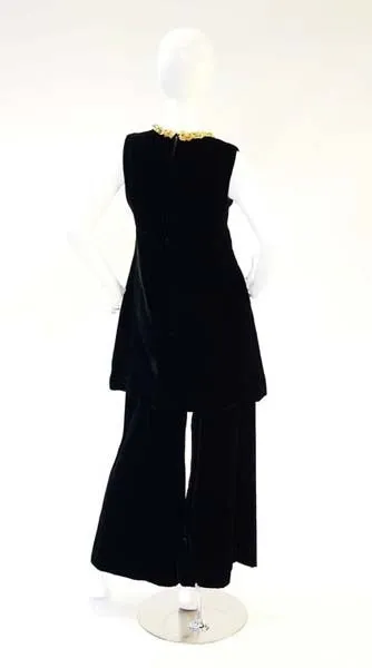 1960s Black Velvet Tunic and Pants Set with Gold Neck Trim