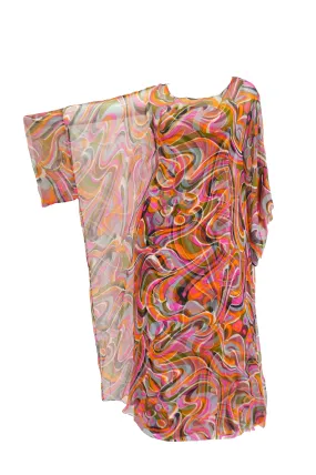 1960s Neiman Marcus Vibrant Pink Swirl Dress with Sheer Kimono Detail