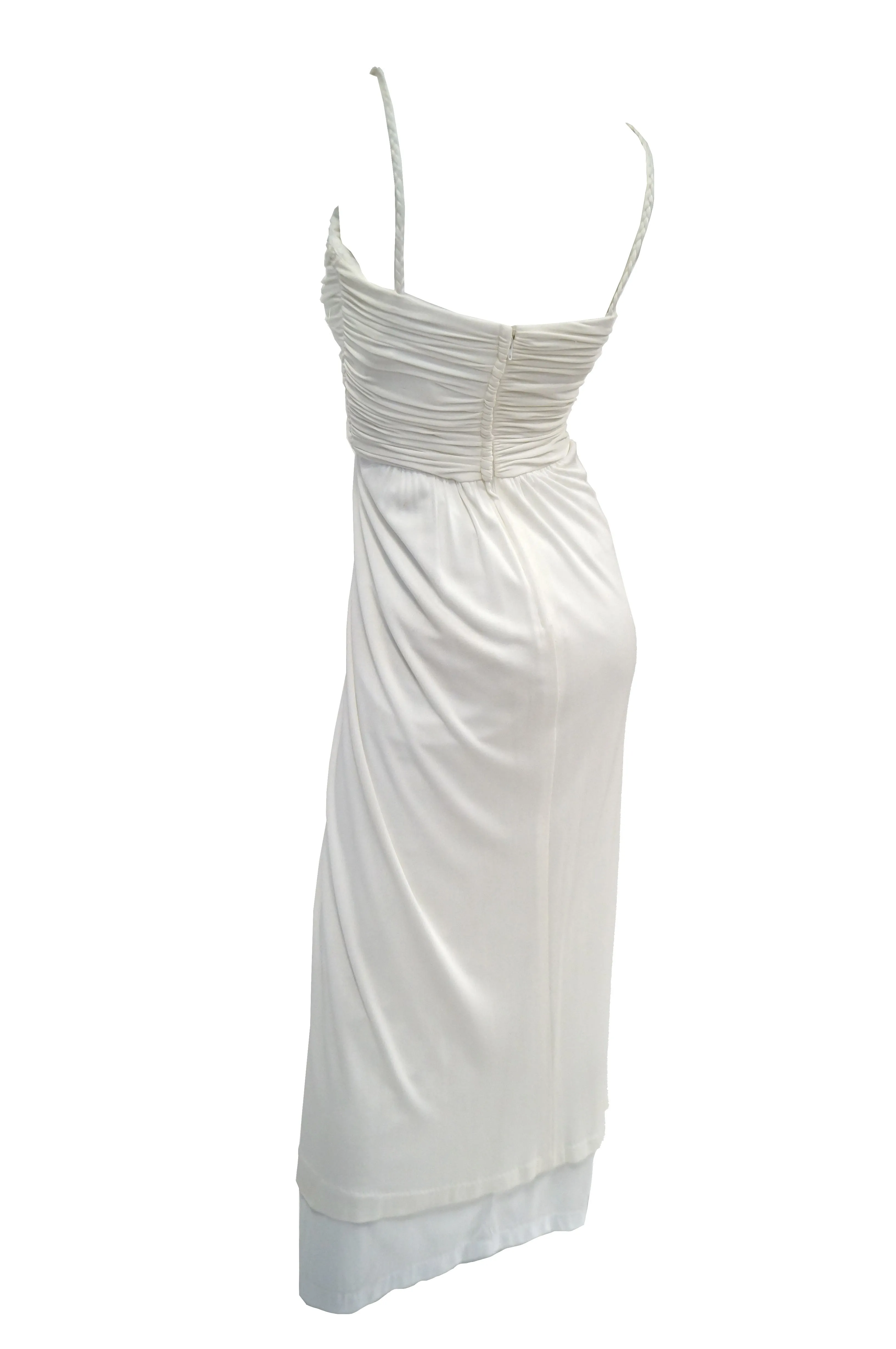 1970s Jill Richards White Knit Grecian Gown with Feather Trim Shawl