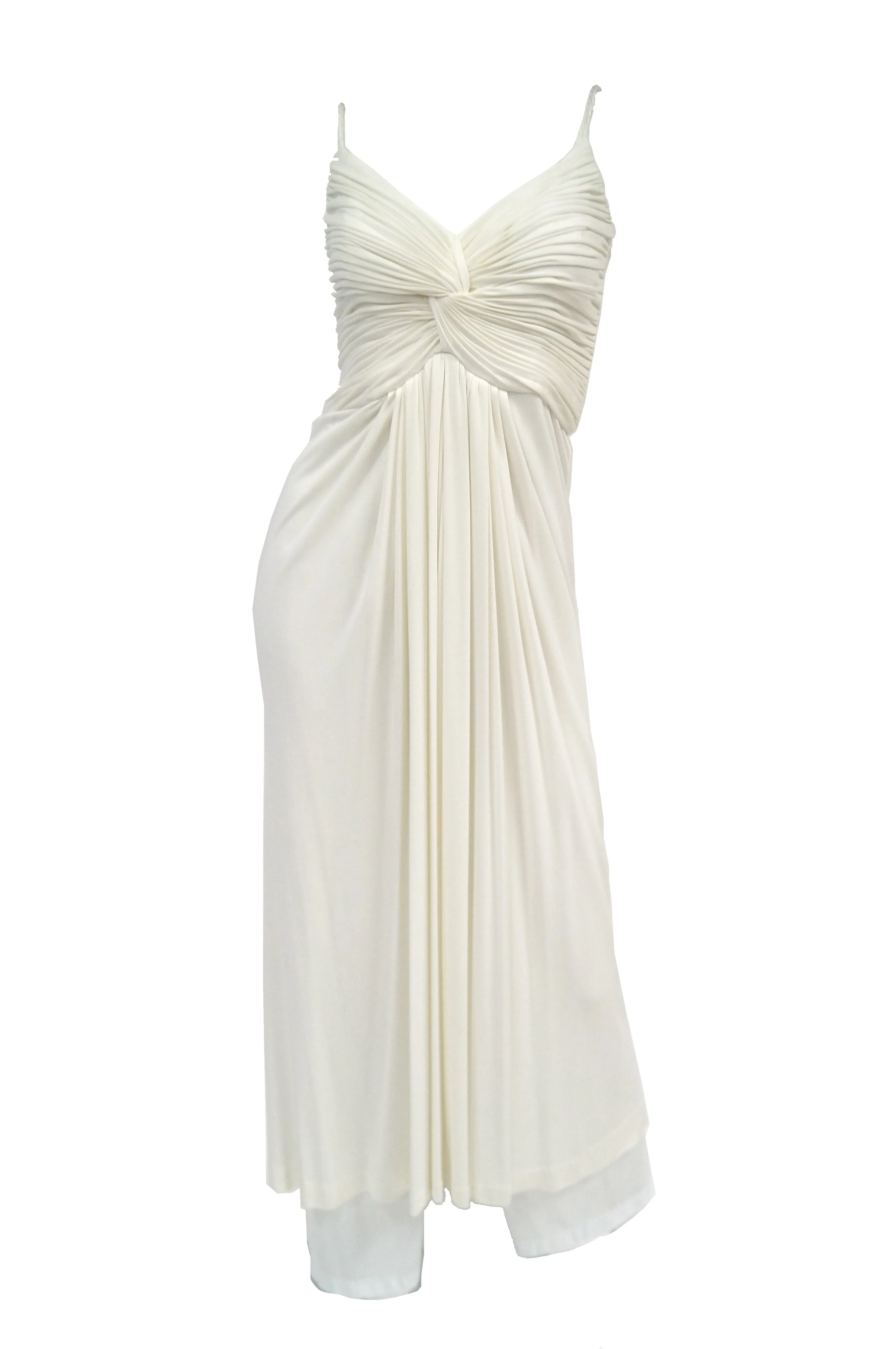 1970s Jill Richards White Knit Grecian Gown with Feather Trim Shawl