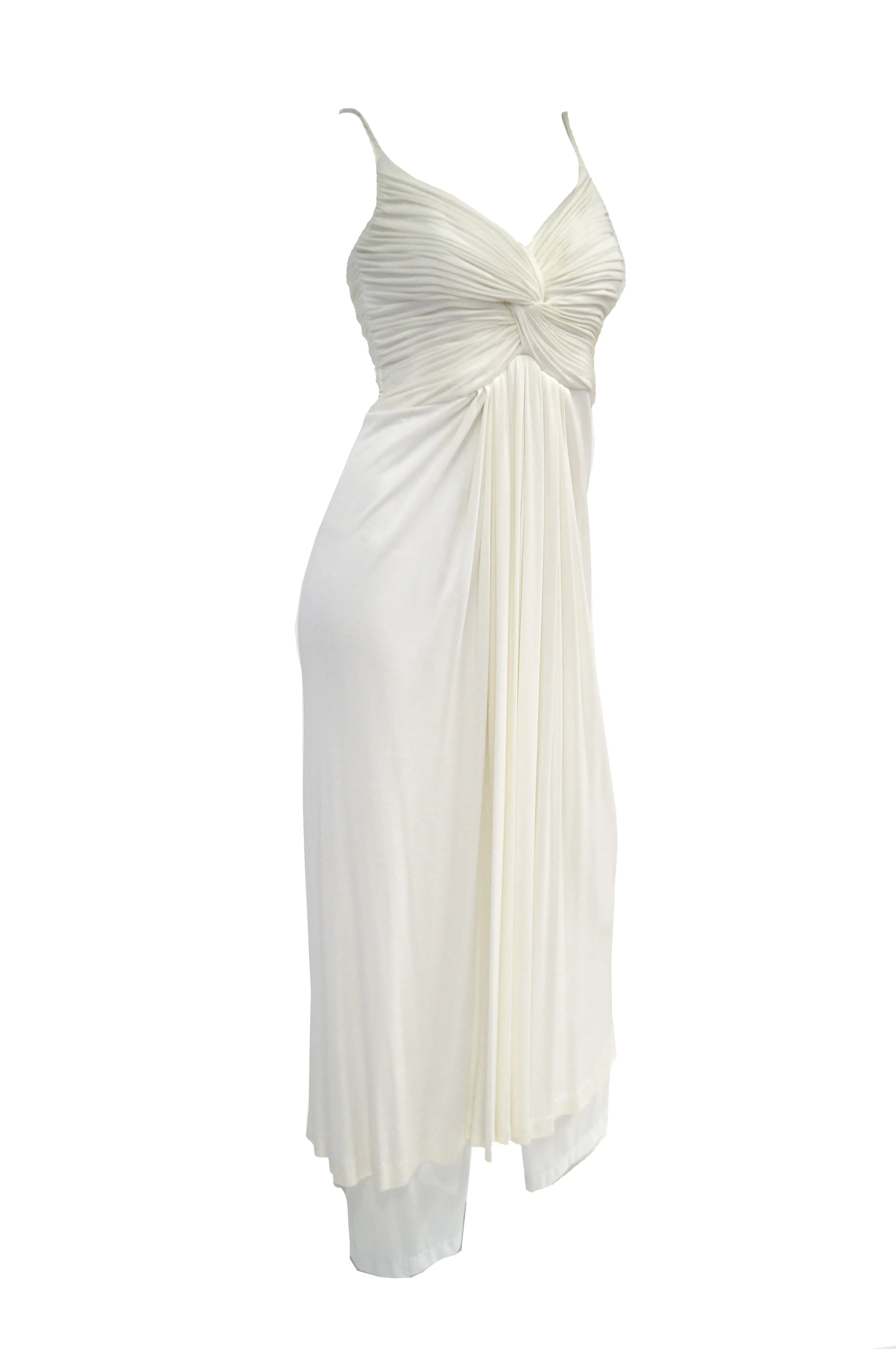 1970s Jill Richards White Knit Grecian Gown with Feather Trim Shawl