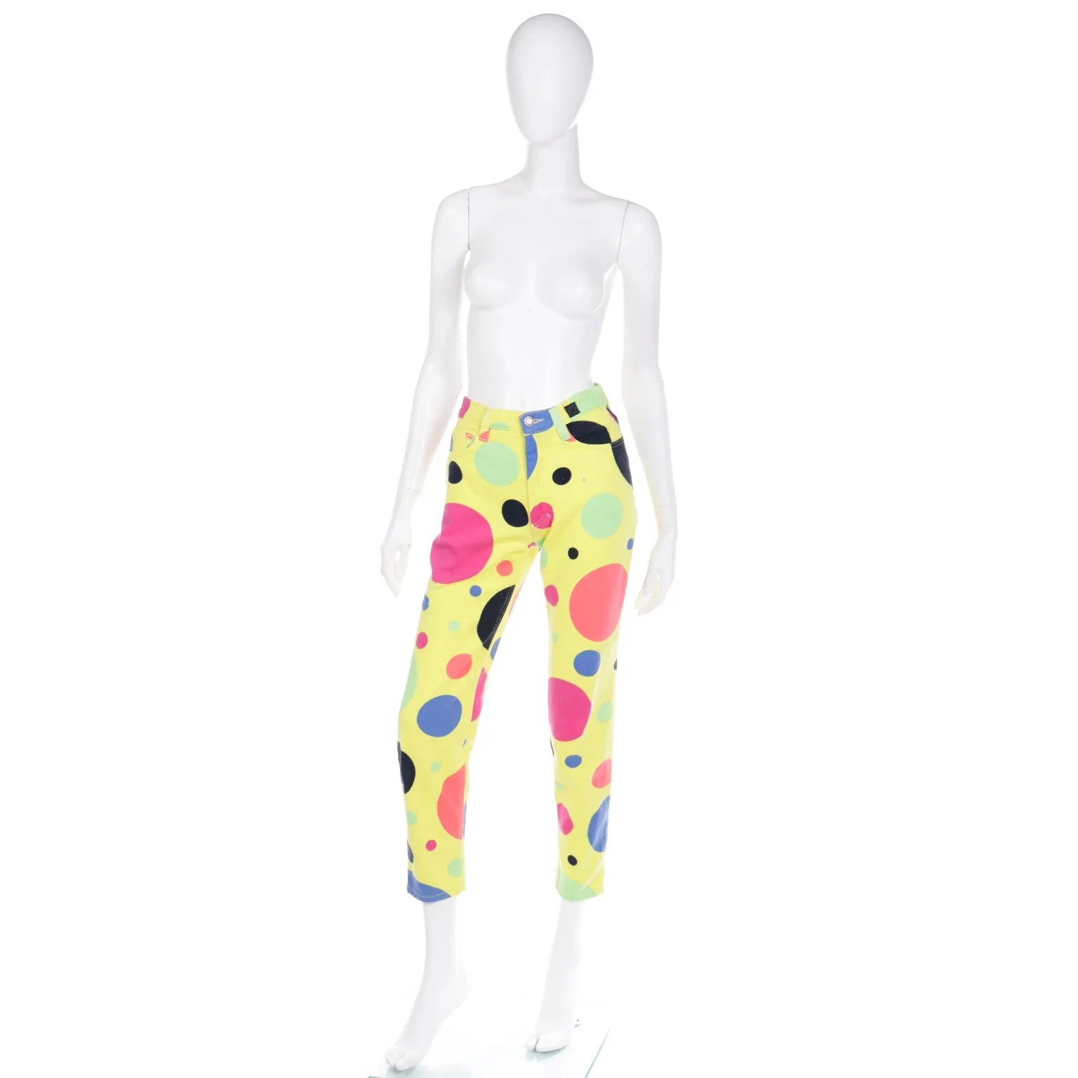 1990s Gianni Versace Jeans Couture Yellow Pants W Colorful Polka Dots