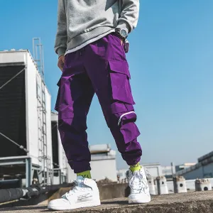 2019 Spring Cargo Pants Men Cotton Drawstring Many Pockets Joggers Trousers Purple Black Ankle Banded male Casual Pants BINHIIRO