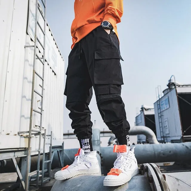 2019 Spring Cargo Pants Men Cotton Drawstring Many Pockets Joggers Trousers Purple Black Ankle Banded male Casual Pants BINHIIRO