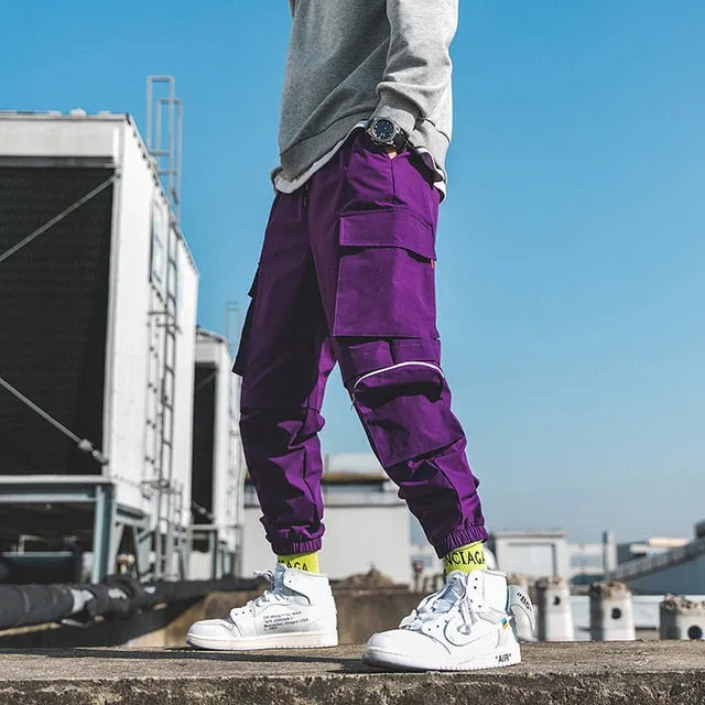 2019 Spring Cargo Pants Men Cotton Drawstring Many Pockets Joggers Trousers Purple Black Ankle Banded male Casual Pants BINHIIRO