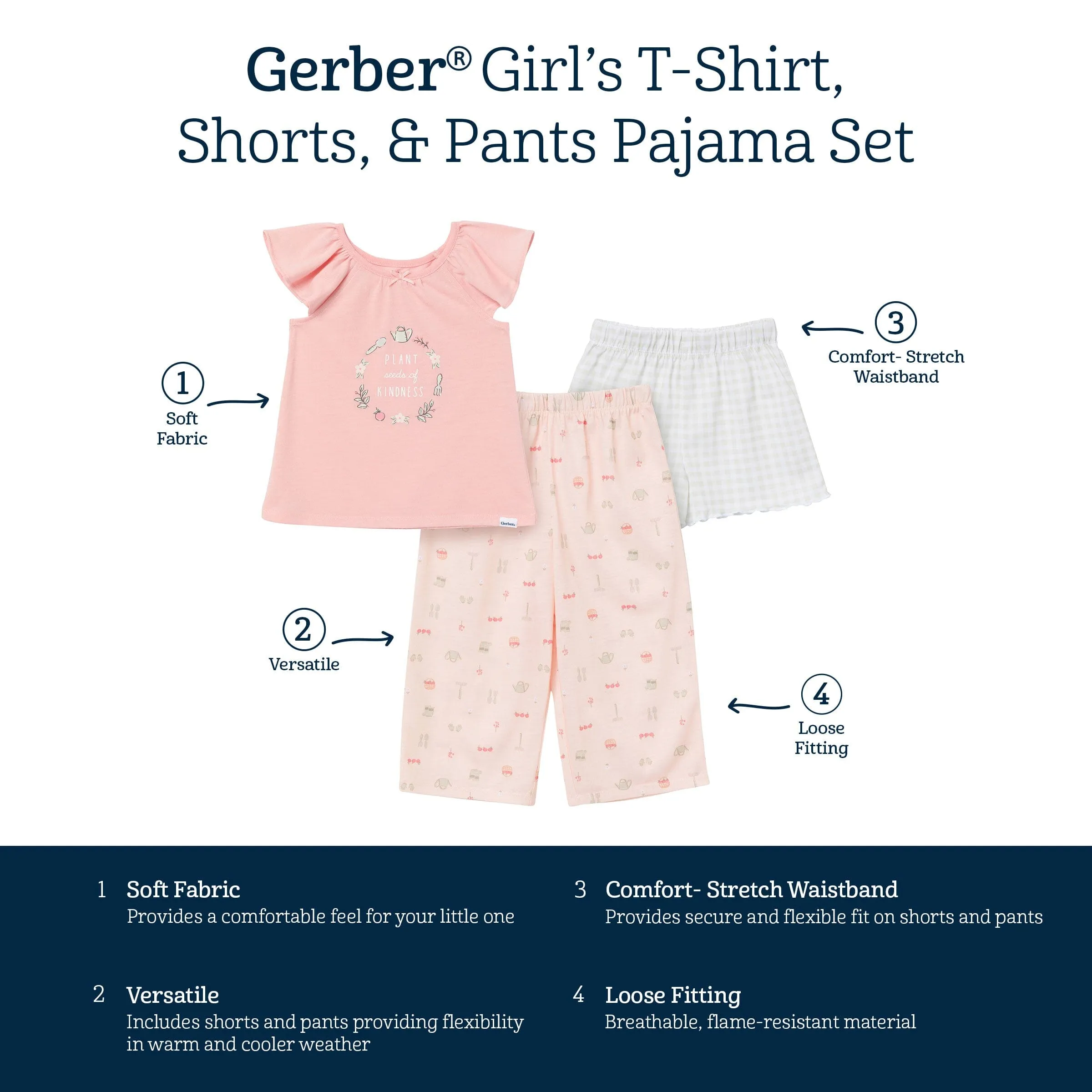 3-Piece Toddler Girls Garderning T-Shirt, Shorts & Pants Pajama Set