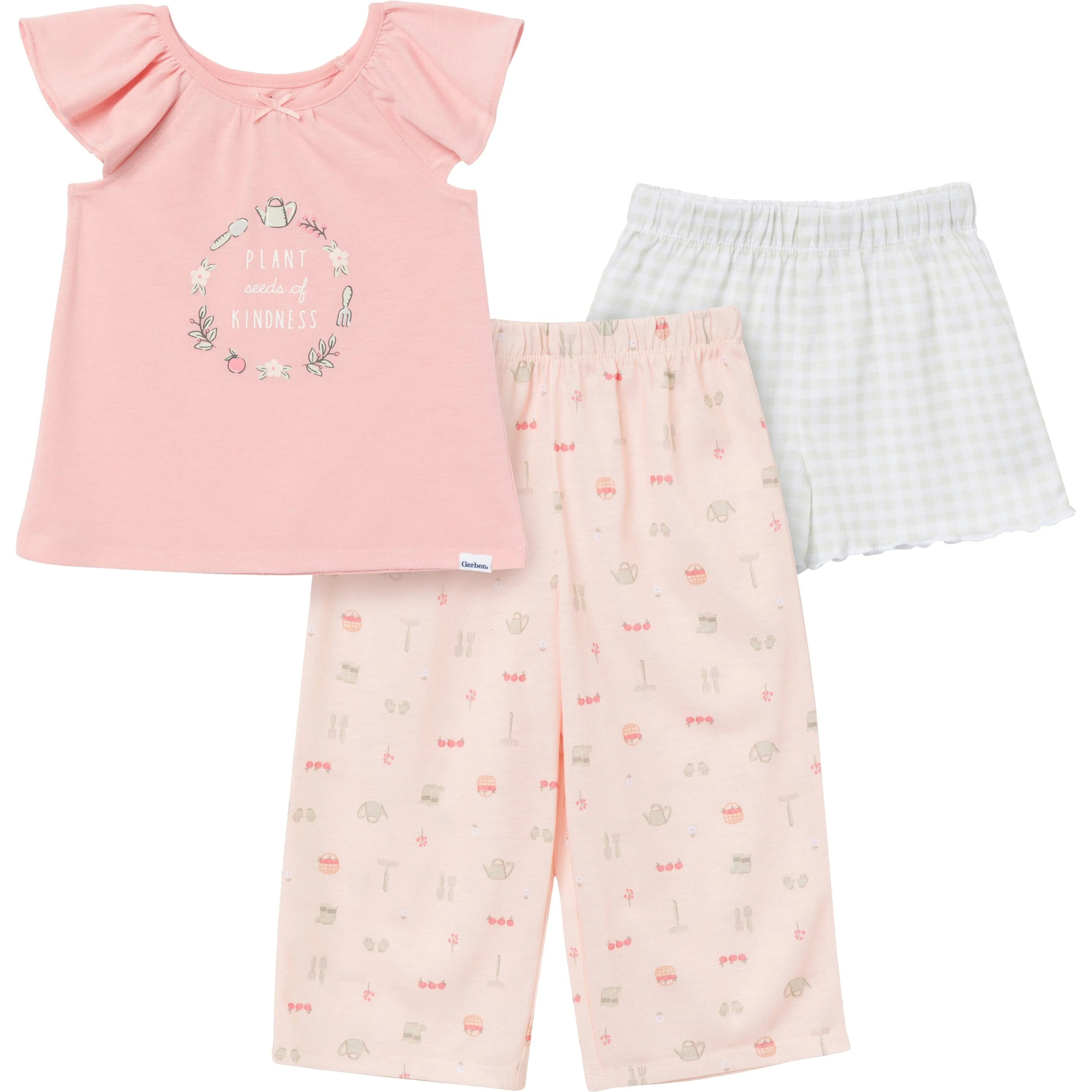 3-Piece Toddler Girls Garderning T-Shirt, Shorts & Pants Pajama Set