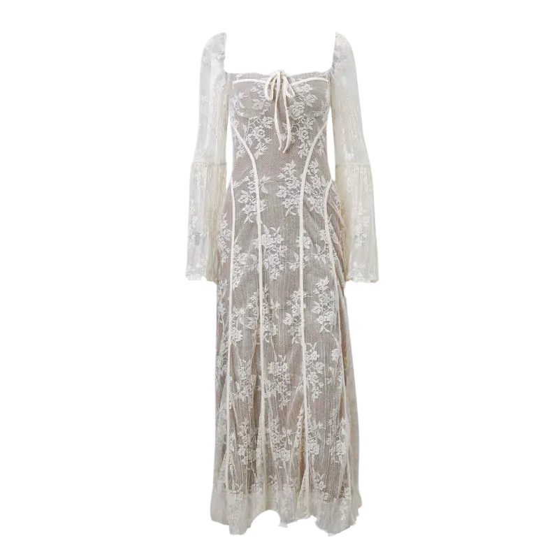 A&A Luxe Vintage Square Collar Lace Long Sleeve Maxi Dress