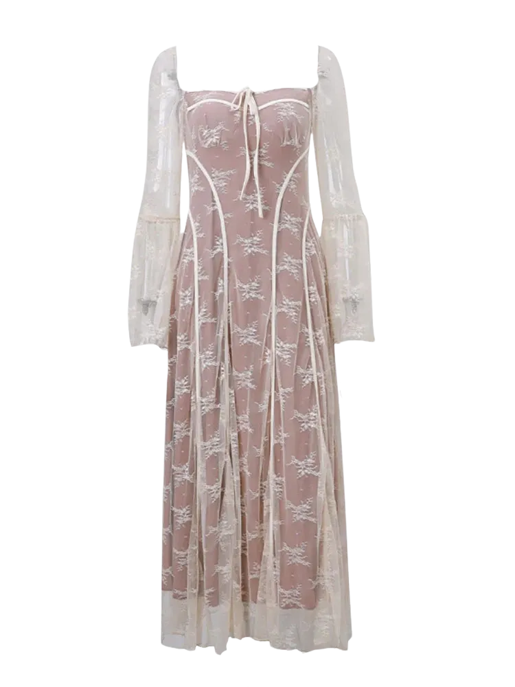 A&A Luxe Vintage Square Collar Lace Long Sleeve Maxi Dress