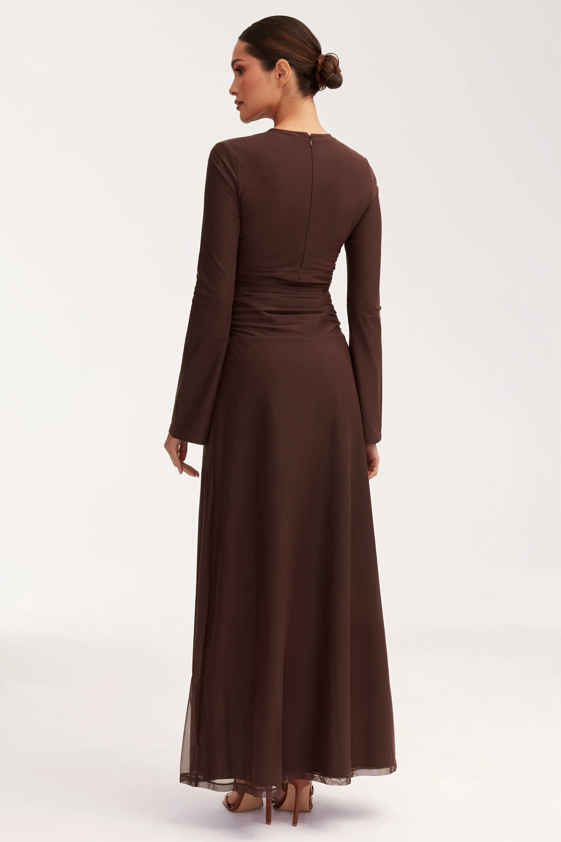 Adelina Rouched Mesh Maxi Dress - Chocolate Plum