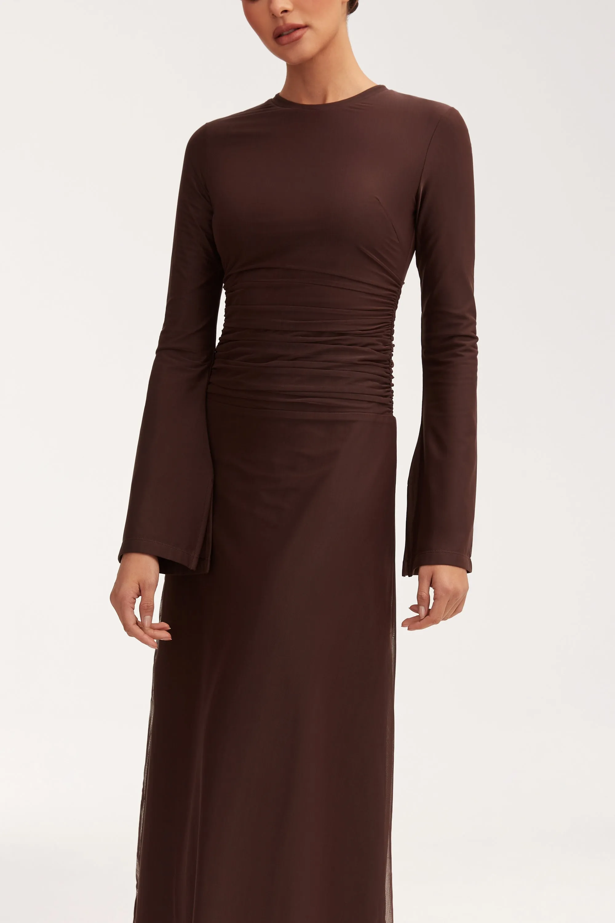 Adelina Rouched Mesh Maxi Dress - Chocolate Plum