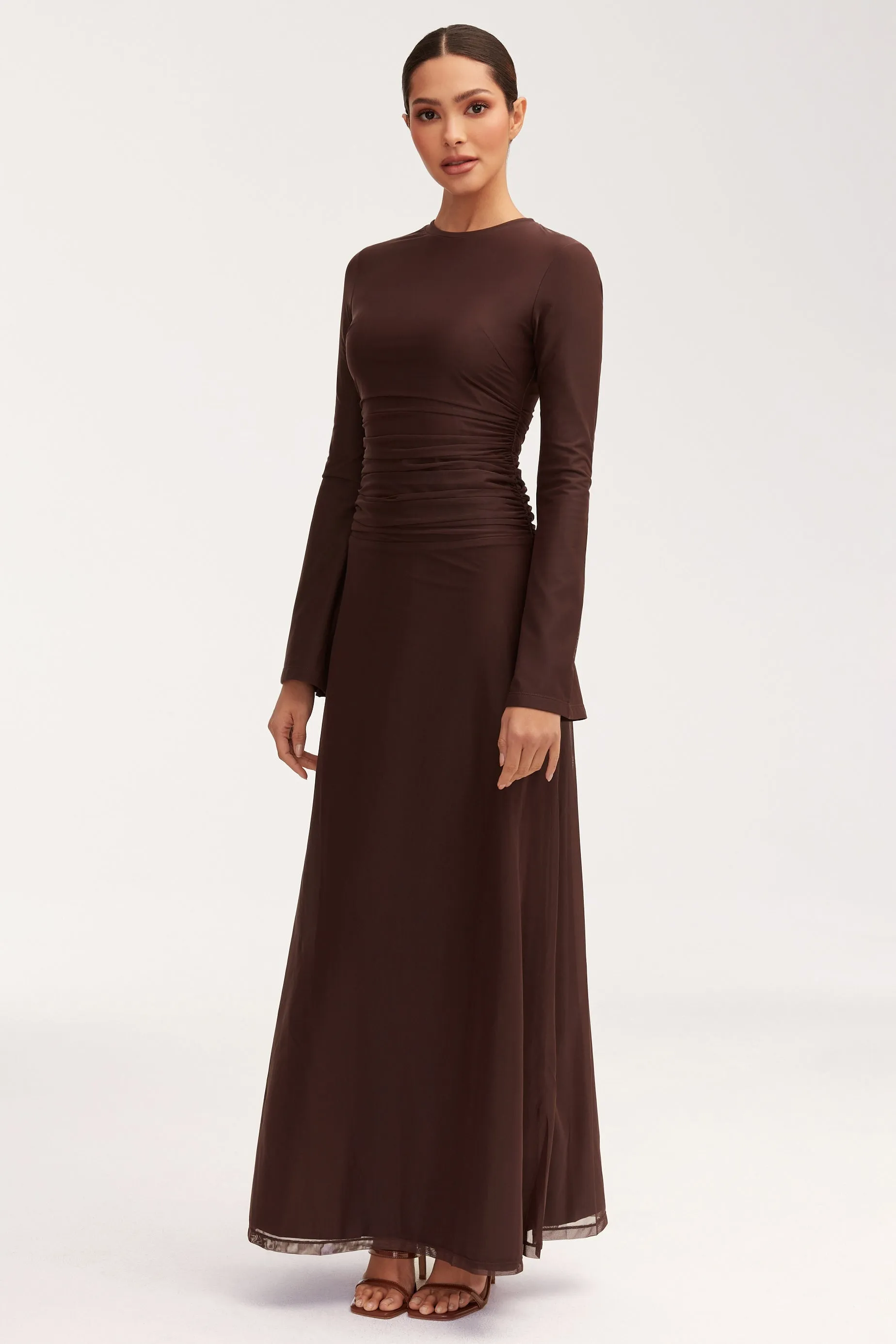 Adelina Rouched Mesh Maxi Dress - Chocolate Plum