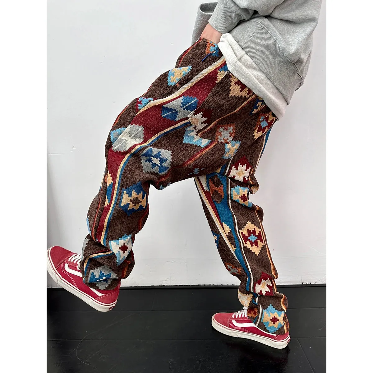 Aidase American Streetwear Geometric Pattern Casual Pants Men Clothing Ethnic Style Jacquard Cargo Trousers Harajuku High Quality Pants