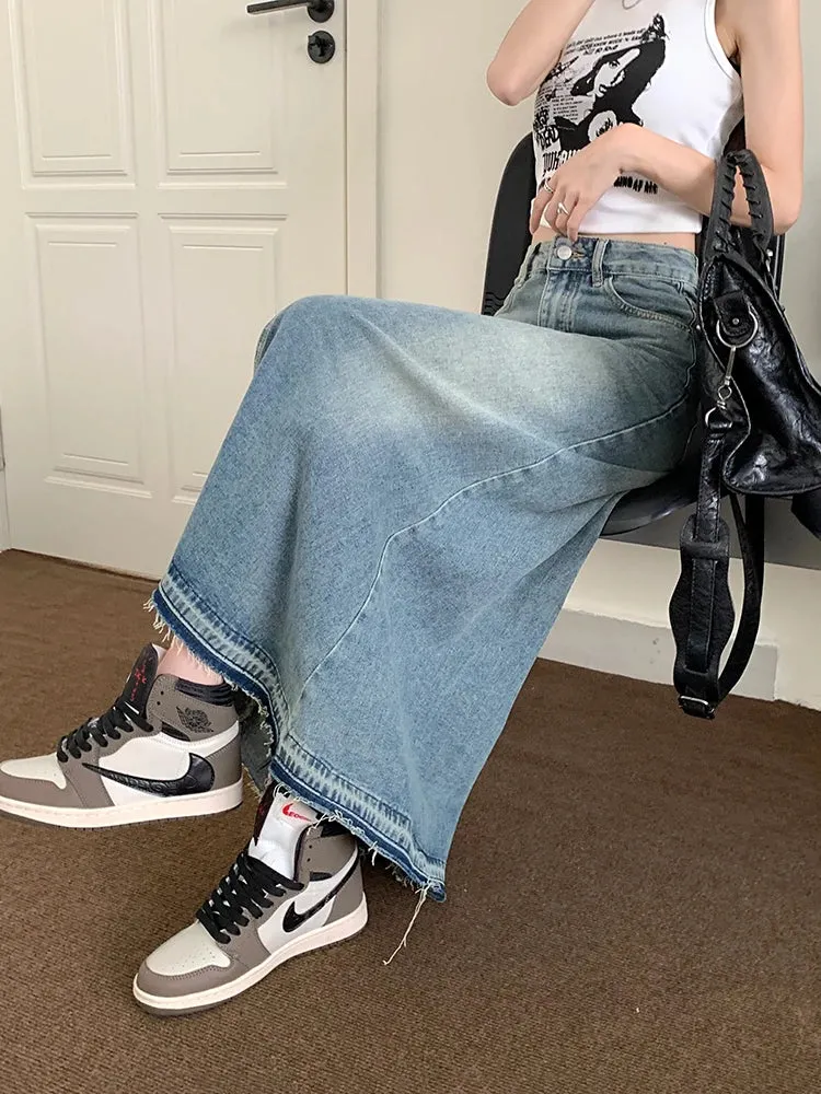 Aiertu Y2k Raw Edge Stitch Maxi Denim Skirt Plain Casual High Waist Long Jeans Skirt Korean Retro Women Streetwear