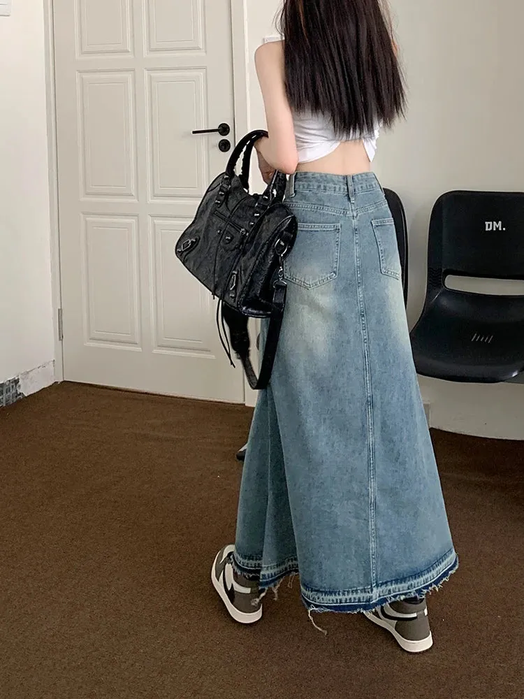 Aiertu Y2k Raw Edge Stitch Maxi Denim Skirt Plain Casual High Waist Long Jeans Skirt Korean Retro Women Streetwear