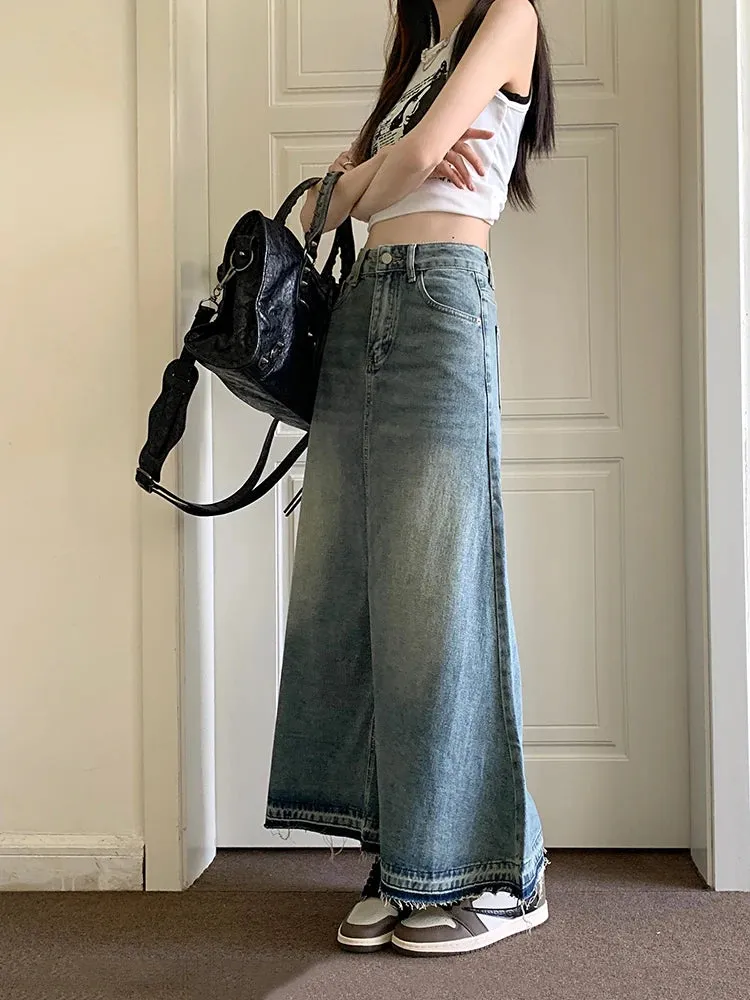 Aiertu Y2k Raw Edge Stitch Maxi Denim Skirt Plain Casual High Waist Long Jeans Skirt Korean Retro Women Streetwear