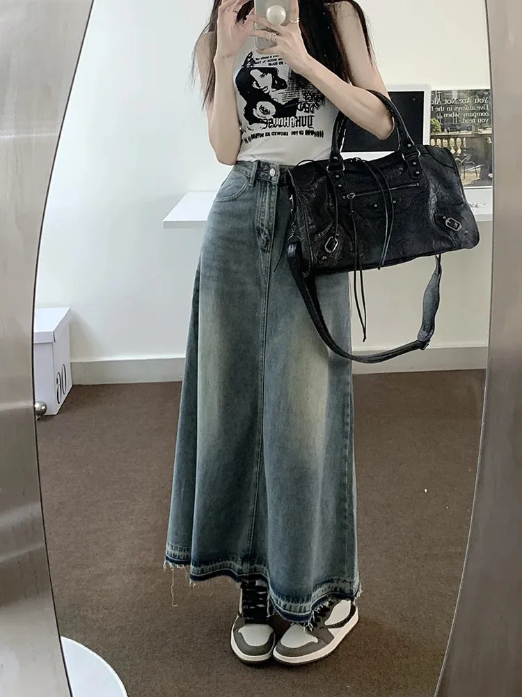 Aiertu Y2k Raw Edge Stitch Maxi Denim Skirt Plain Casual High Waist Long Jeans Skirt Korean Retro Women Streetwear