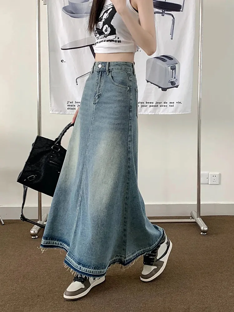 Aiertu Y2k Raw Edge Stitch Maxi Denim Skirt Plain Casual High Waist Long Jeans Skirt Korean Retro Women Streetwear