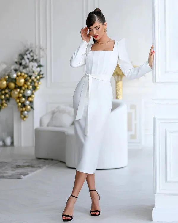 Amelia White Square Neck Midi Dress