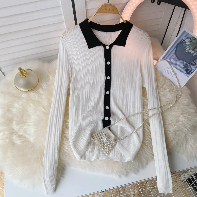 Autumn new single breasted polo collar contrast long sleeve sweater  1591