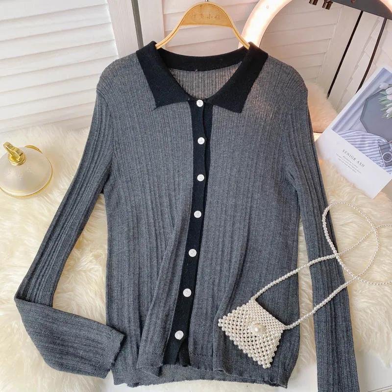 Autumn new single breasted polo collar contrast long sleeve sweater  1591