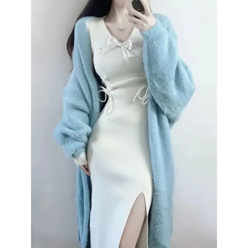 Autumn Winter Knitted Knit Midi Dress Bodycon Slim Bandage Korean Fashion Kpop Elegant Dresses Women