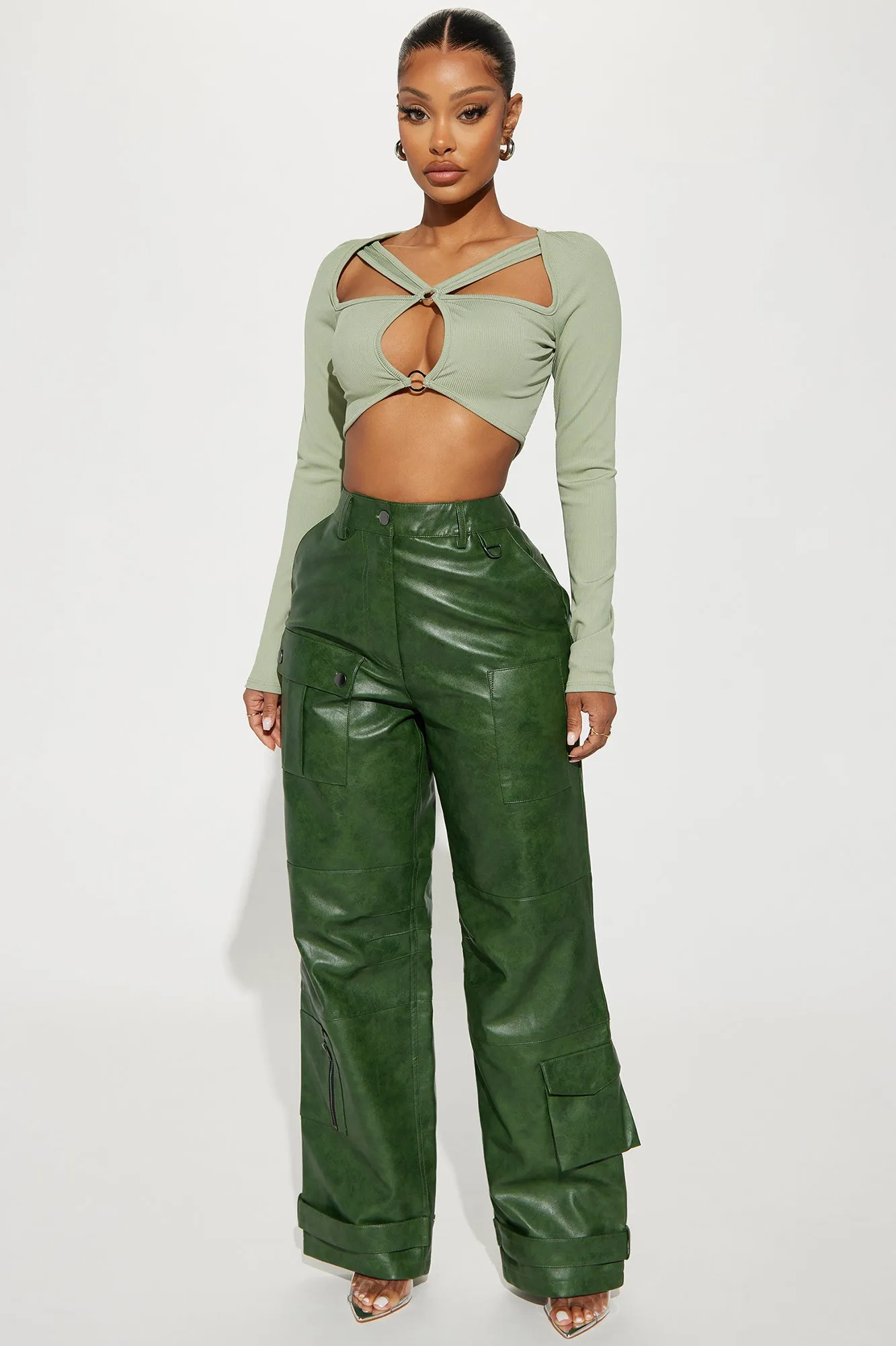 Aviva Washed Faux Leather Cargo Pant - Hunter