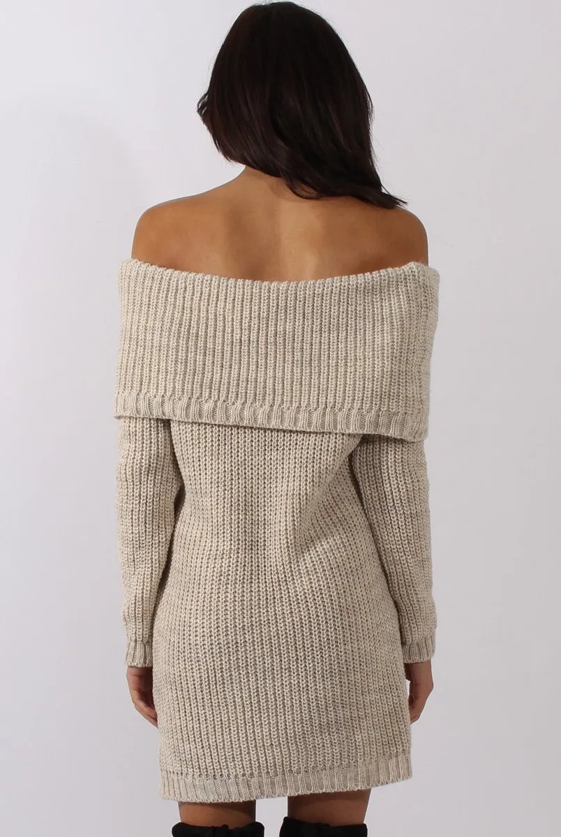 Beige Bardot Heavy Knit Jumper Dress - Suzy