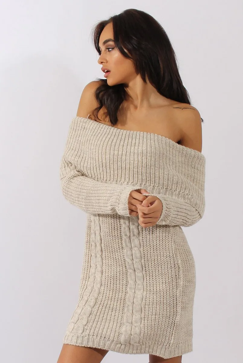 Beige Bardot Heavy Knit Jumper Dress - Suzy