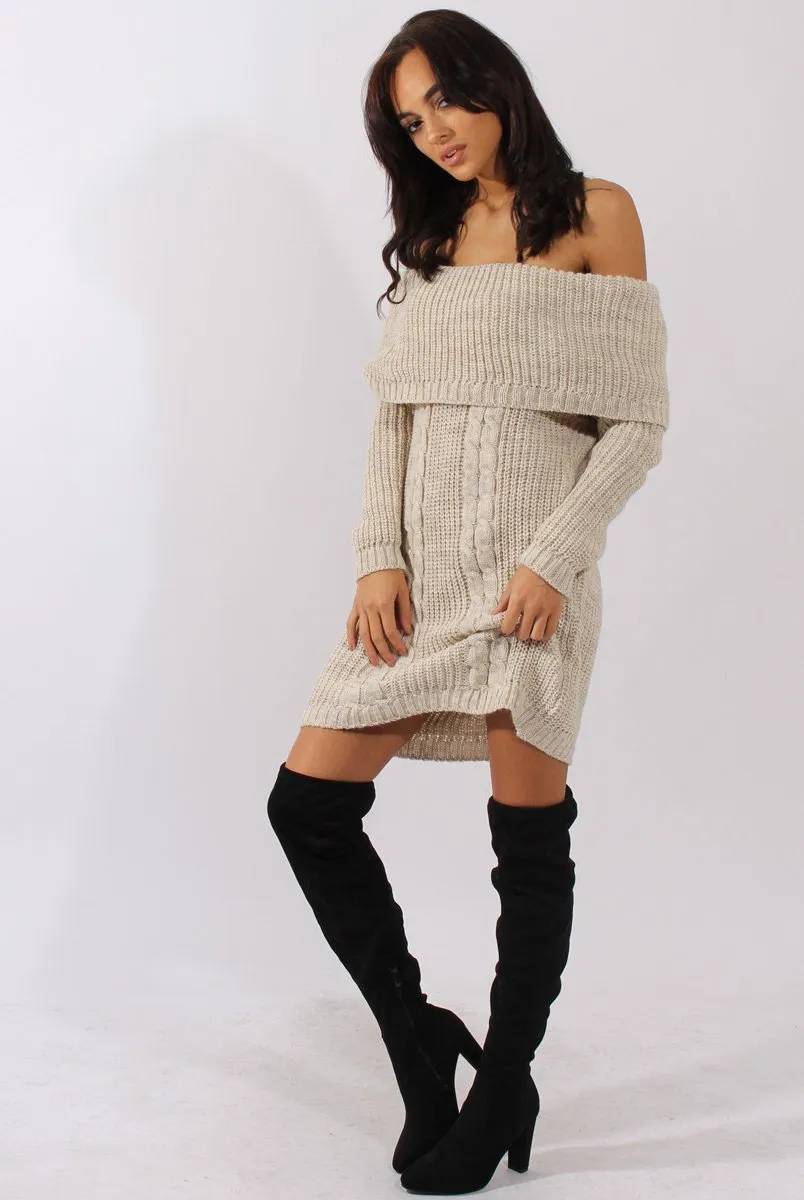 Beige Bardot Heavy Knit Jumper Dress - Suzy