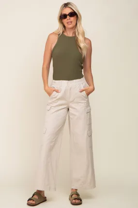 Beige Double Pocket Wide Leg Cargo Pants