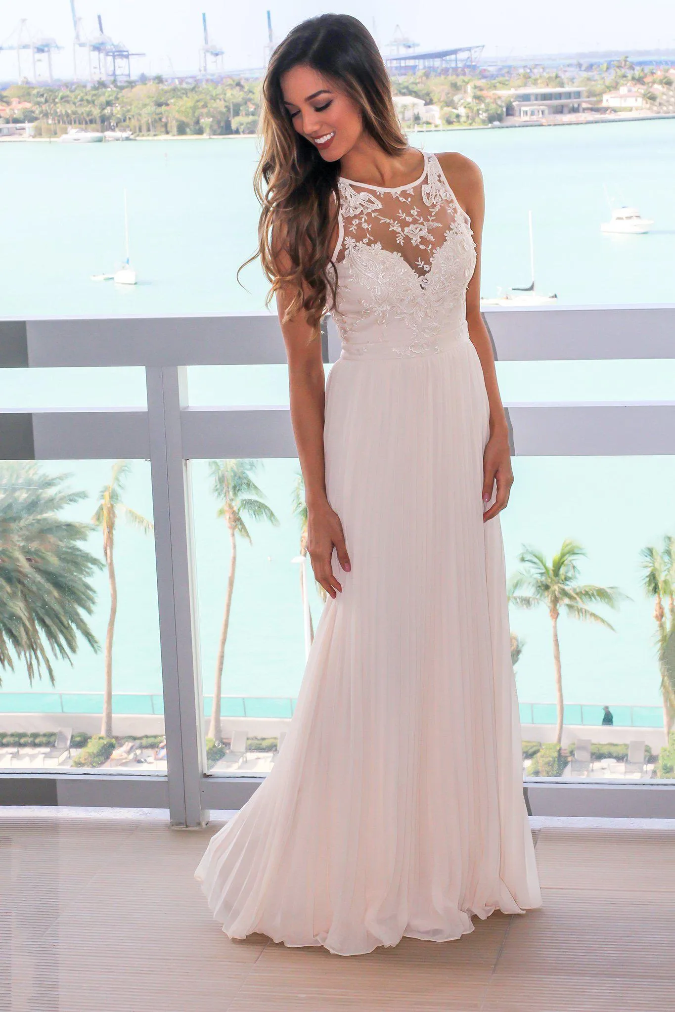 Beige Pleated Maxi Dress with Embroidered Top