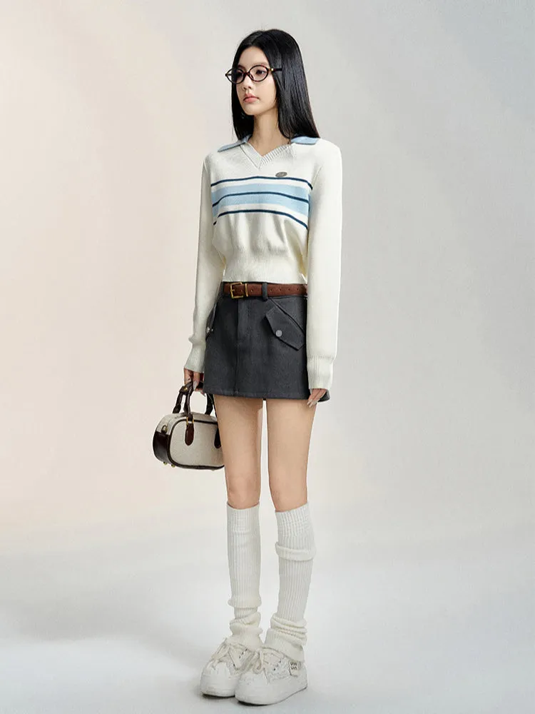 Beige Polo Collar Color-block Sweater