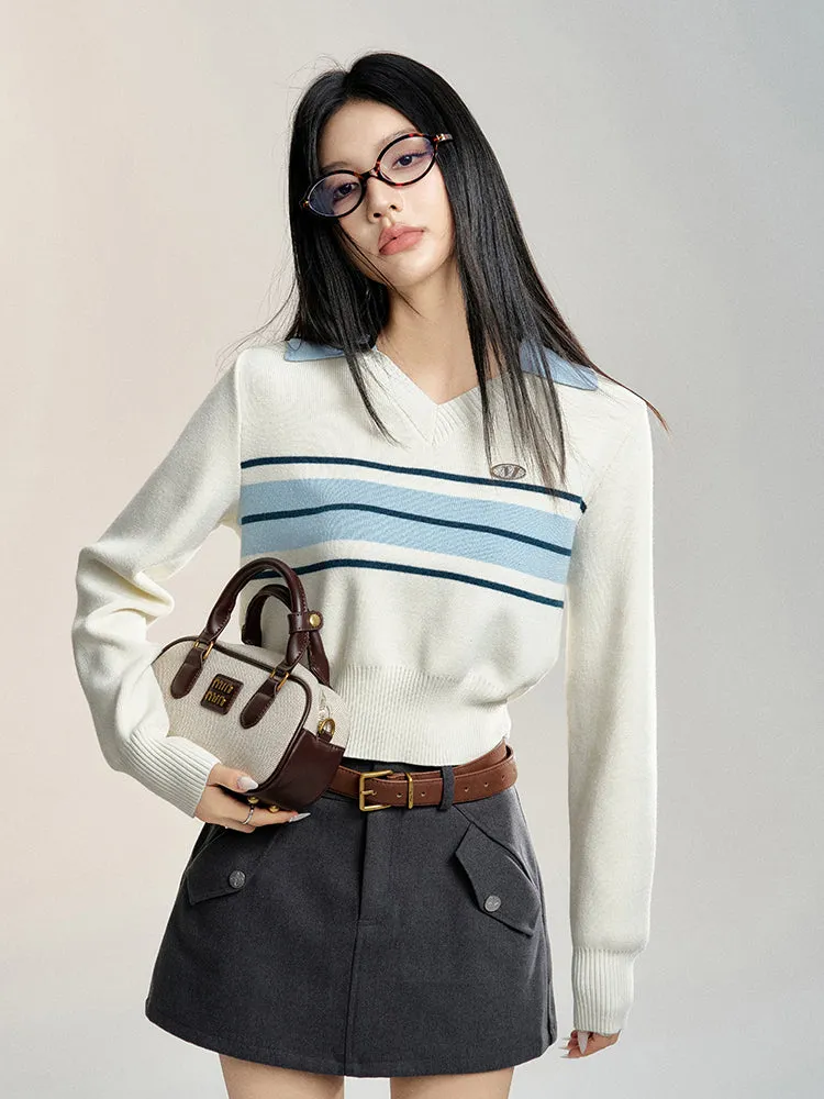 Beige Polo Collar Color-block Sweater