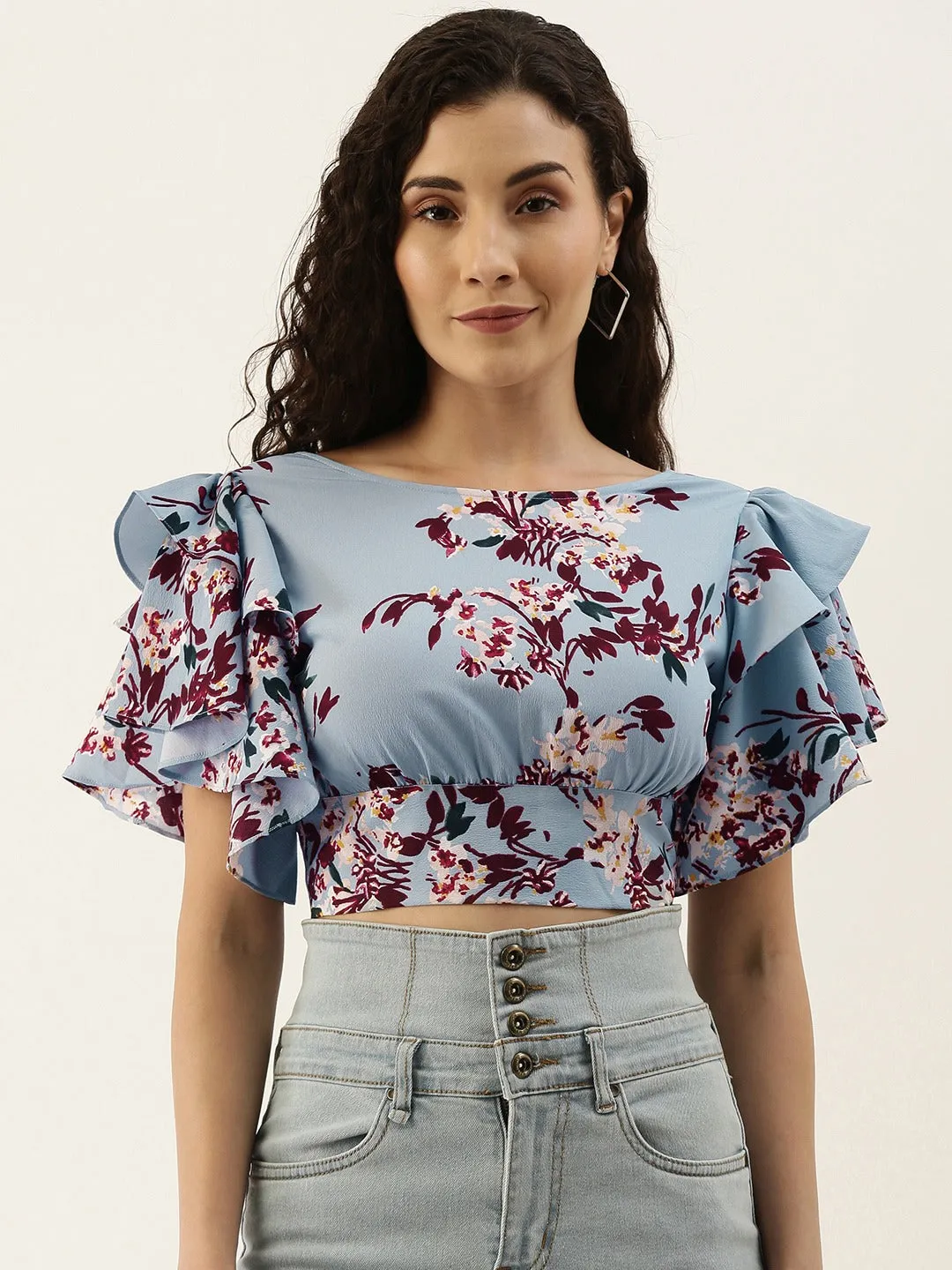 Berrylush Women Blue Floral Printed Crepe Empire Crop Top