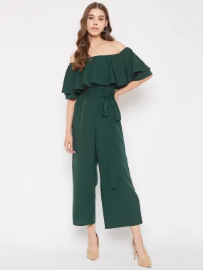 Berrylush Women Solid Green Off-Shoulder Waist Tie-Up Ruffled Jumpsuit