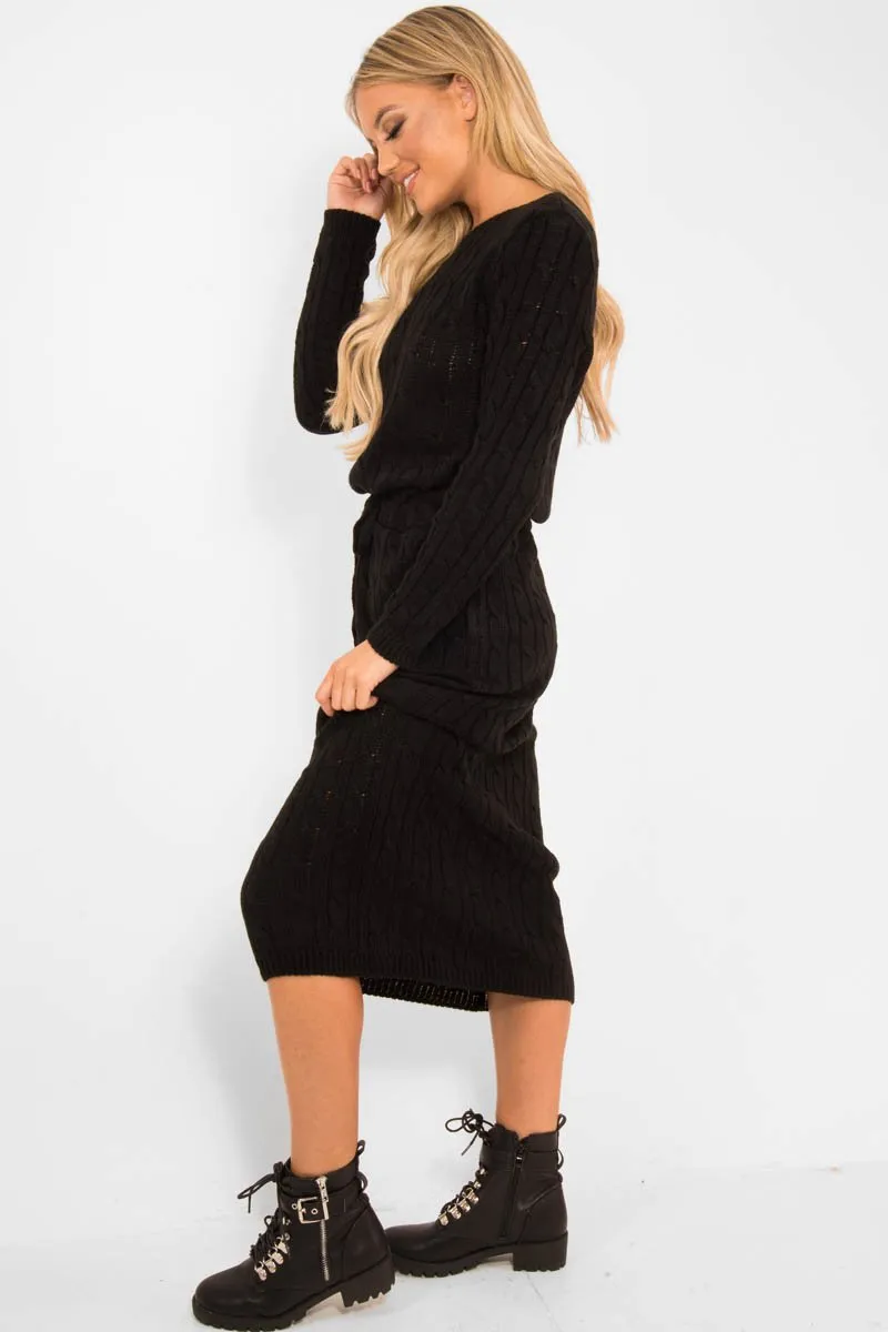 Black Cable Knit Drawstring Waist Dress - Rhea