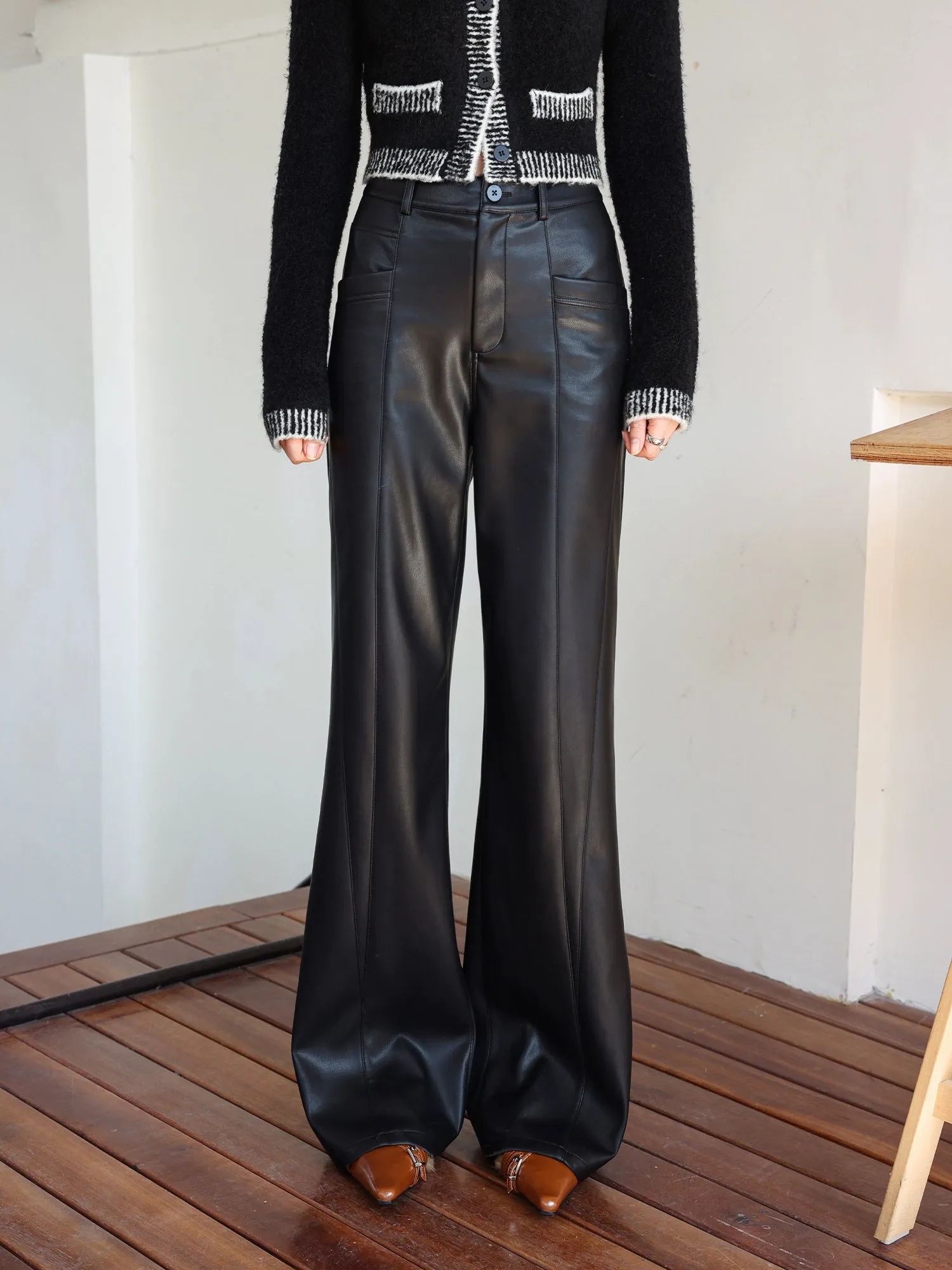 Black Flared Leather Pants