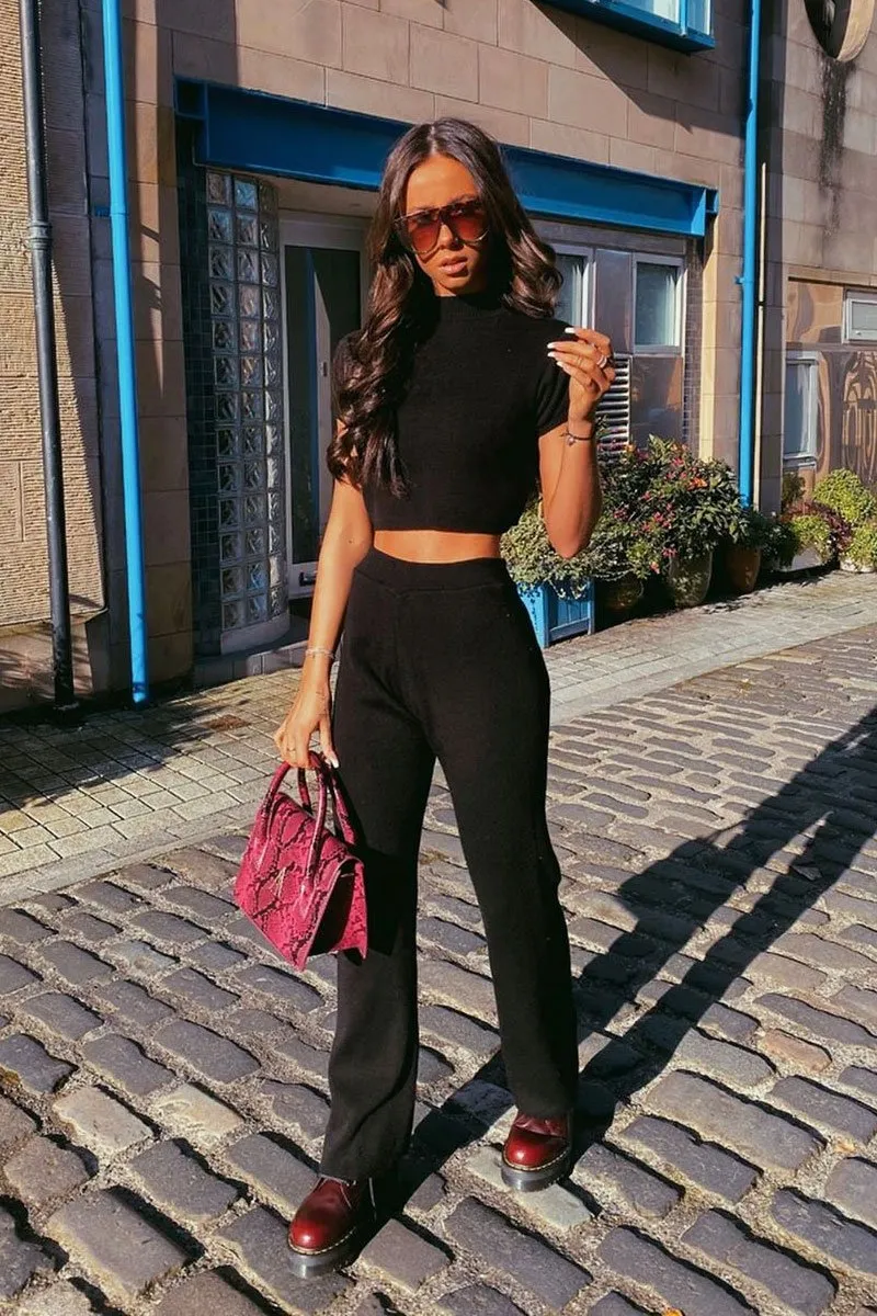 Black Knit High Neck Crop Top and Trouser Co-ord - Helena