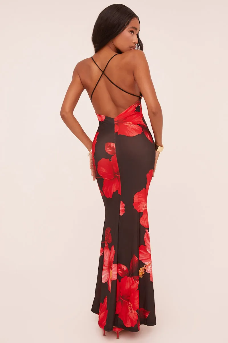 Black Lace Trim Floral Print Maxi Dress - Lelia