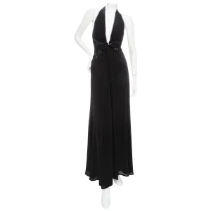 Black Silk Chiffon and Lace Halter V-Neck Dress