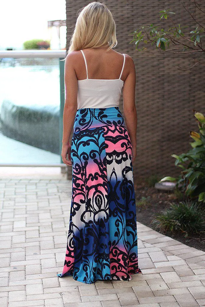 Blue and Pink Pinted Maxi Skirt