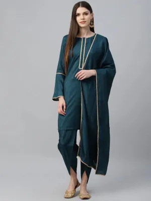 Blue Solid Polyester Straight Kurta With Dhoti Pant & Dupatta