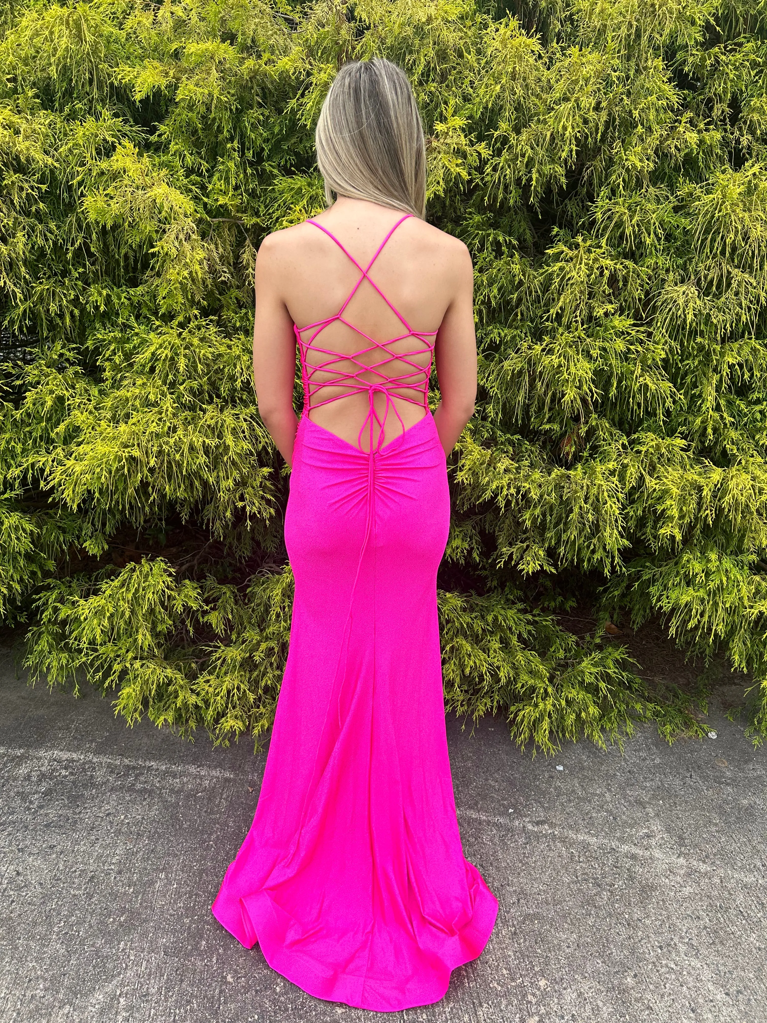 Blush Prom 12156 Glitter Knit Fitted Dress wit Lace up Back and Slit