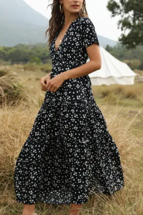 Boho V-neck Ruffled Floral Maxi Dress