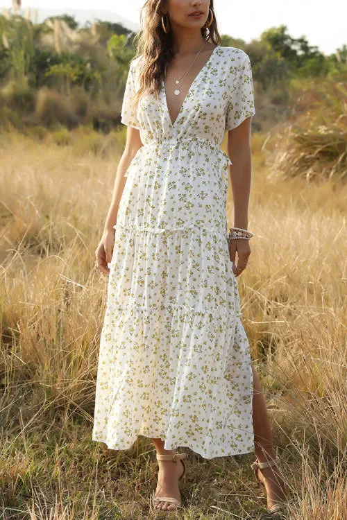 Boho V-neck Ruffled Floral Maxi Dress