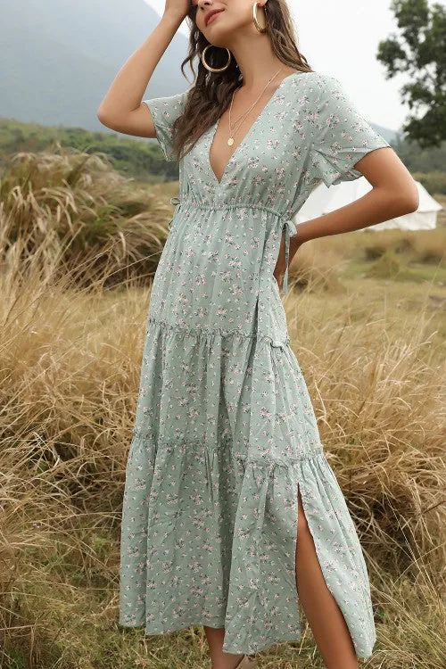 Boho V-neck Ruffled Floral Maxi Dress