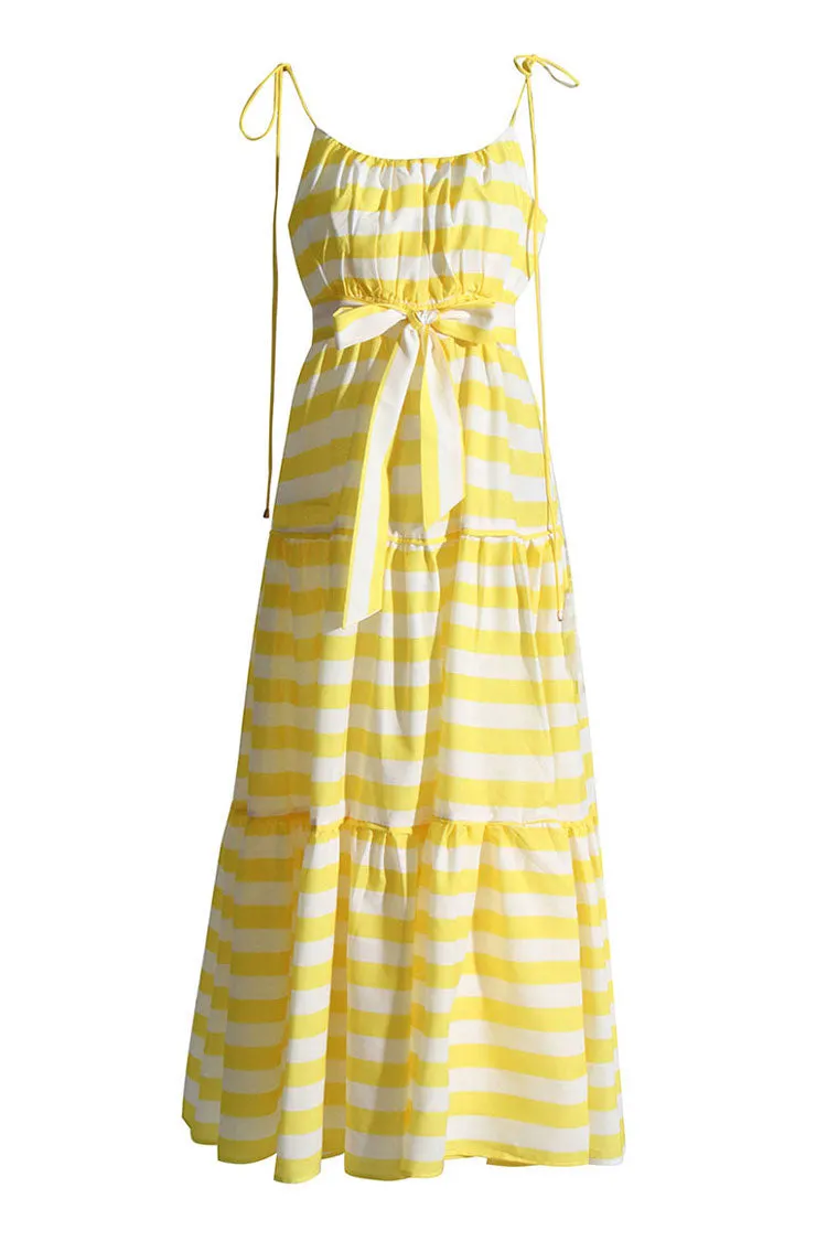 Breezy Scoop Neck Tie Strap Belted Ruched Summer Striped Maxi Sundress