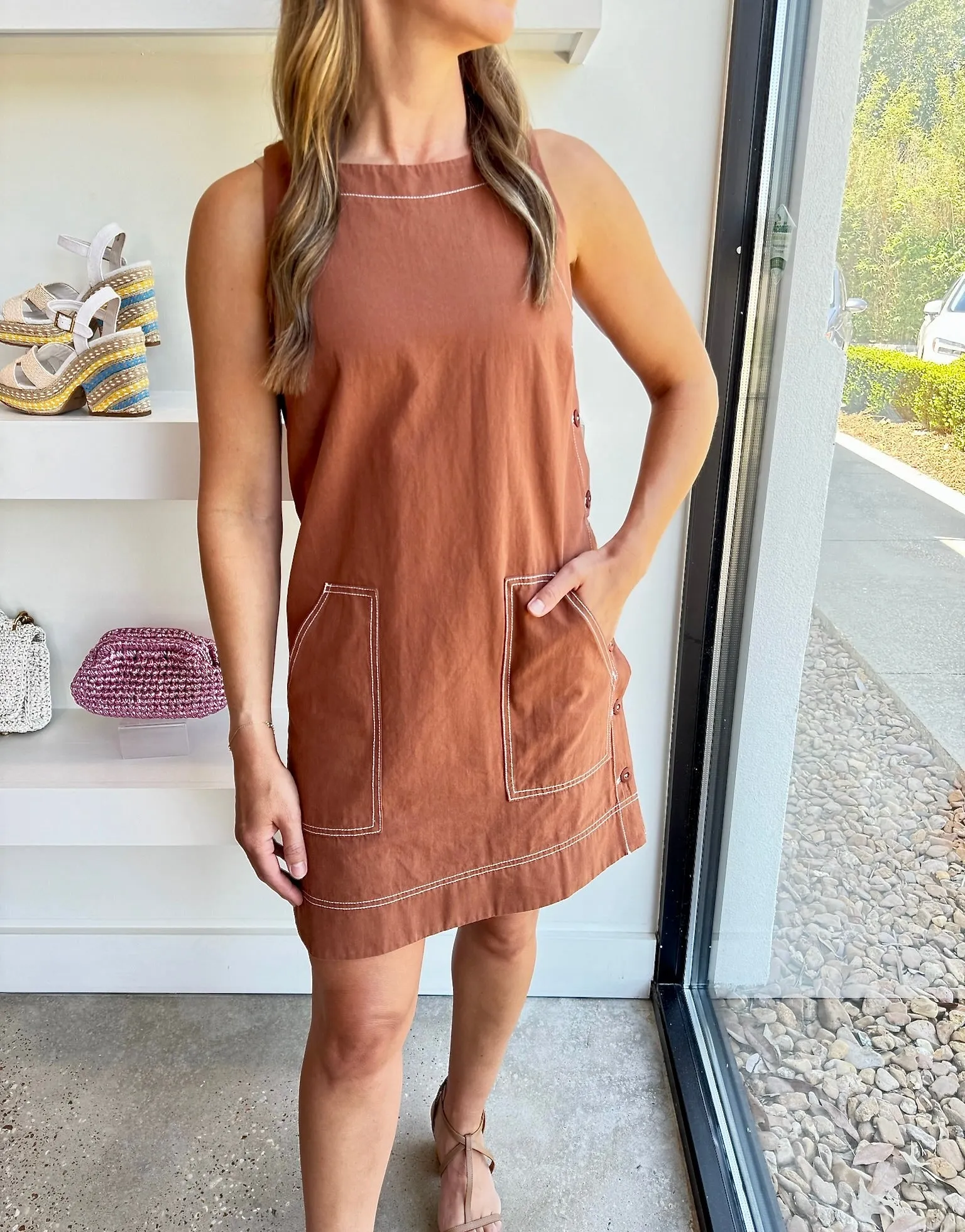 Bronze Side Button Canvas Dress